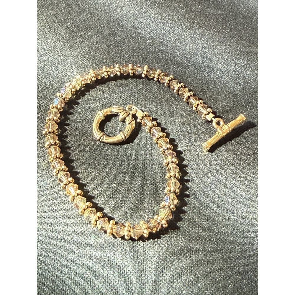 Vintage Champagne Crystal Bicone Beaded Gold Tone Bamboo Leaf Toggle Bracelet